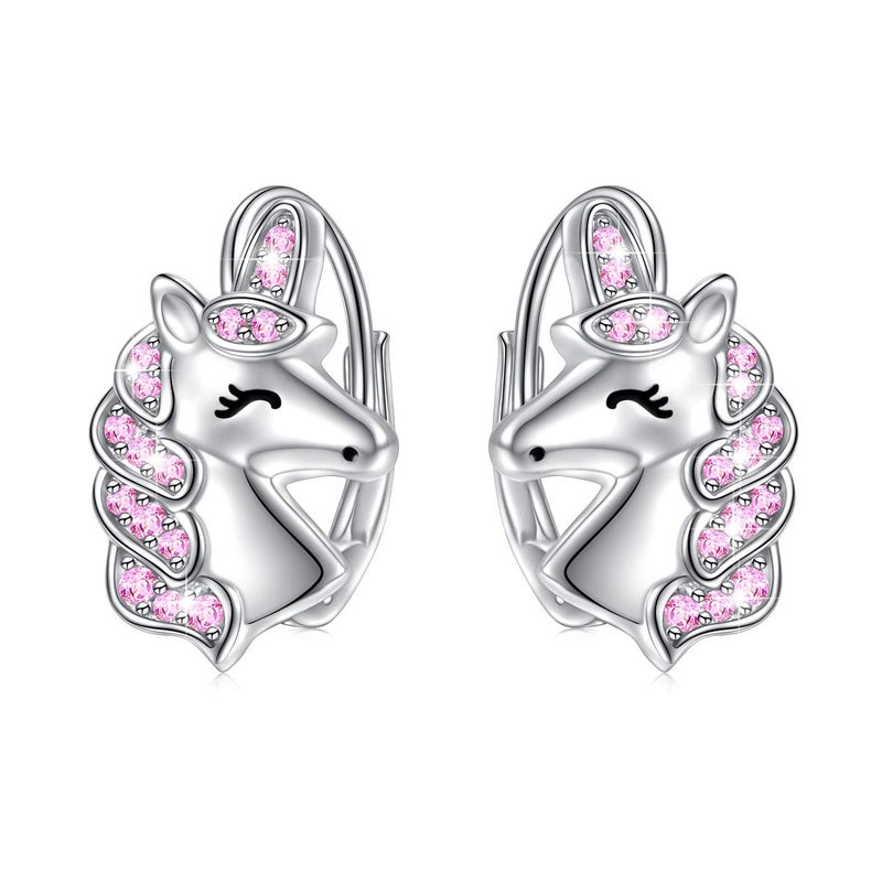Flyow 925 Sterling Silver Magical Unicorn Earrings Pink Unicorn Drop Dangle Leverback Earrings for Women Daughter Gift - Image 1